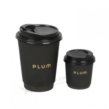 4oz 8oz 12oz wegwerp dubbelwandig gouden folie stempelen aangepast logo alle zwarte hete koffie papieren kop met PS-deksel