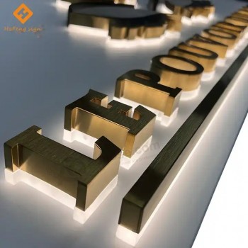 kundenspezifische LED-Shop Geschäft Geschäft Namensschild Schild Gold Edelstahl 3D Hintergrundbeleuchtung Kanal Buchstaben