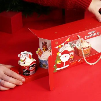 カスタムボックスオフセット印刷クリスマスギフトカップケーキクリスマスボックスクリスマス4カップケーキパッキングカップケーキボックスクリ