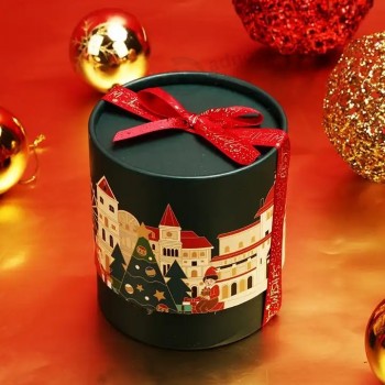最高のようこそファッションゴールデンサプライヤークリスマステーマイブギフトキャンディーリボン付き丸い紙バスケットボックス