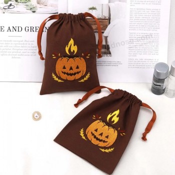 Benutzerdefinierte Stickerei Halloween Süßigkeiten Verpackung Baumwolle Leinen Beutel Kordelzug Baumwolle Geschenk Tasche mit Band