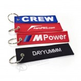 Cheap custom fabric Pre-take-off dismantling key chain key tag both sided logo woven label embroidery key ring