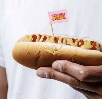 カスタムロゴ食品グレード使い捨て装飾ピックバーガーつまようじフラグカスタマイズパッキング付き