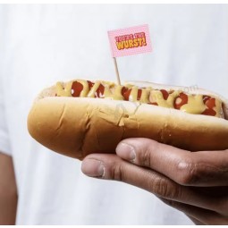 Benutzerdefiniertes Logo Lebensmittelqualität Einweg Dekoration Pick Burger Zahnstocher Flagge mit individueller Verpackung