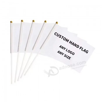2024 Groothandel Hoge Kwaliteit Op maat ontworpen 100D Polyester Stof Outdoor Indoor Hand Vlag met Plastic Houten PVC Paal