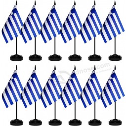 12 Pack Greece Desk Flags Set, Greek Small Mini Table Office Flags With 12" Solid Black Pole, Black Base and Spear Top