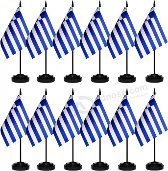 12 Pack Greece Desk Flags Set, Greek Small Mini Table Office Flags With 12" Solid Black Pole, Black Base and Spear Top