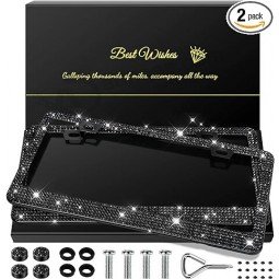 2 Pack Bling License Plate Frames for Women, Sparkly Rhinestone Diamond Car Accessories for Women
