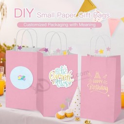 100 Pack Pink Small Paper Bags with Handles Bulk, Gift Paper Bags,5.25 * 3.25 * 8.25 Inch Kraft Birthday Party Favors Grocery Retail