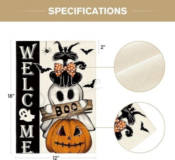 Хэллоуин Ghost Cat Boo Садовый флаг 12x18 дюймов Двусторонний снаружи, Welcome Holiday Yard Наружный декоративный флаг