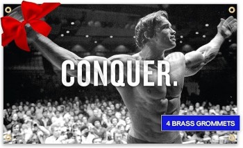 Conquer Flag for Arnold Schwarzenegger Gym Motivational Banner Flag 3x5 FT Fitness, Workout, and Exercise Inspiration, Indoor or Outdoor Wall