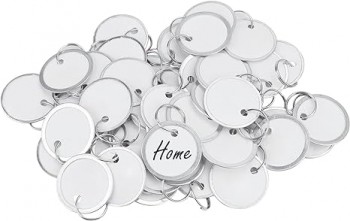 Uniclife 50 Pcs Metal Rim Key Tags 1 Inch White Paper Labels Writable Round Plastic Key Chain Tags with Split Rings Sturdy Lightweight