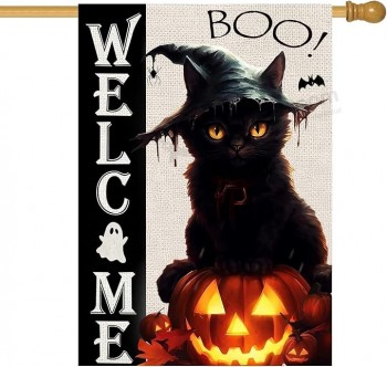 Bandera de la casa del gato de Halloween 28x40 de doble cara, bienvenida Halloween Banderas de jardín grandes Decoración exterior del jardín