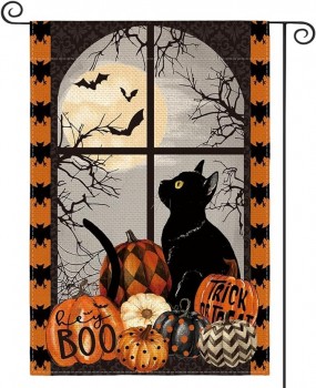 AVOIN colorlifeハロウィンカボチャトリックオアトリートブーガーデンフラグ12 x 18インチ両面、黒猫バットムーンホリデーヤード屋外装飾フラグ