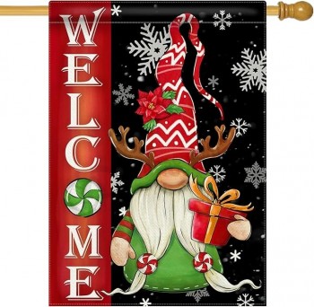 Welcome Christmas Elk Gnome Decorative House Flag, Xmas Gift Snowflakes Poinsettia Candy Garden Yard Outside Decorations