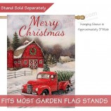 Frohe Weihnachten 28 x 40 Haus Flagge Rot LKW doppelseitig, Winter Bauernhaus rustikal Zitat Sackleinen Garten Hof Weihnachten Pickup Dekor
