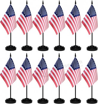 12パックアメリカのデスクフラッグセット、アメリカのアメリカの小さなミニテーブルオフィスフラッグ、12インチソリッドブラックポール、ブラッ