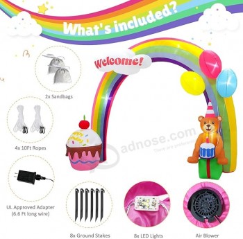 OurWarm 10FT 거대한 인플레이터블 레인보우 아치, 생일 축하 인플레이터블 아치 생일 케이크 블로우 업 베어 내장 블로워 & LED 라이트