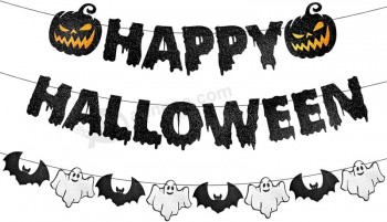 ブラックグリッターハッピーハロウィンバナー - ハロウィーンハンギングペーパーガーランドホオジロバナー、カボチャ、ゴースト、コウモリの装