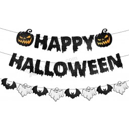 Black Glitter Happy Halloween Banner - Halloween Hanging Paper Garland Bunting Banner with Pumpkin, Ghost, and Bat Decorations