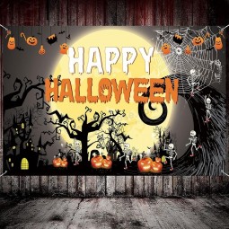 Feliz tema de Halloween tela cartel telón de fondo con calabaza, necrófagos, murciélago, spide, luna para la fiesta de fondo de la cabina de fotos de Halloween