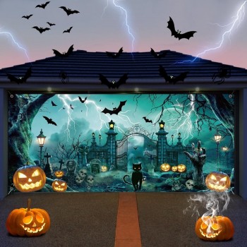 Halloween Garagentor Banner 6 x 13 ft, große Halloween hängende Kulisse Türabdeckung - Halloween Garage Wanddekorationen für den Außenbereich