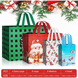 Paquet de 24 sacs-cadeaux de Noël de tailles assorties avec poignée, les sacs-cadeaux fourre-tout réutilisables comprennent 4 très grands, 8 grands, 8 moyens, 4 petits
