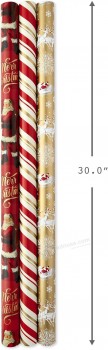 Rolos de Papel de Presente de Natal - Papel de Presente Tradicional (Conjunto de 3 Rolos Reversíveis: 120 sq. ft. ttl.) Flocos de neve vermelhos e dourados