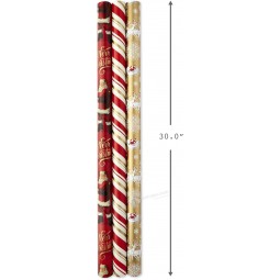 Weihnachtsgeschenkpapierrollen - traditionelles Geschenkpapier für die Feiertage (Set mit 3 wendbaren Rollen: 120 sq. ft. ttl.) Rote und goldene Schneeflocken