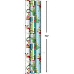 Dr. Seuss Grinch 어린이용 포장지 (3 롤: 105 평방 피트 Ttl) 파란색 타일, 흰색 눈송이, Cindy Lou Who, Max