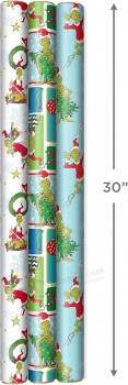 Dr. Seuss Grinch carta da regalo per bambini (3 rotoli: 105 piedi quadrati ttl) per Natale con piastrelle blu, fiocchi di neve bianchi, Cindy Lou Who, Max