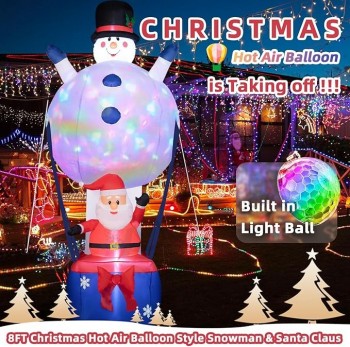 8ft Weihnachten aufblasbare Dekoration - Schneemann Heißluftballon mit Weihnachtsmann Weihnachten Hüpfburgen eingebaut in Regenbogen LEDs, Weihnachten aufblasen