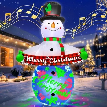 7FT Kerst Opblaasboten Decoraties met Ingebouwde Muziek & 360° Rotatie Kleurrijke Projector LED Licht Sneeuwpop Kerst Opblaas Yard