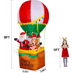 Infláveis de Natal de 9FT de Altura ao Ar Livre, Balão de Ar Quente Explodido com Rena de Papai Noel, Decoração de Infláveis de Férias Iluminada para Festa