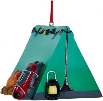 The Bridge Collection Camping Tent Ornament - Green Campsite Tent with Backpack, Campfire, Lantern, & Christmas Lights Ornament for Campers