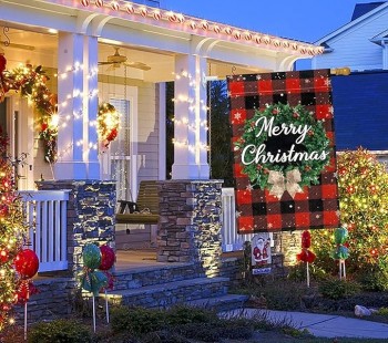 Christmas Garden Flag 28x40 Double Sided, Red and Black Buffalo Checked Plaid Burlap Christmas Flag, Large Christmas Yard Flag