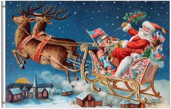 Wamika Merry Christmas Flag 3x5 FT Winter Holiday Vintage Santa Slee Herten Vliegende Sneeuw Dorp Nacht Tuin Yard Huis Vlaggen Banner