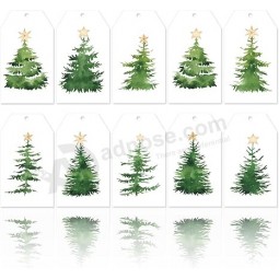 AnyDesign 120Pcs Etichette regalo di carta di Natale con corda di canapa Acquerello Albero di Natale Tag Pre-perforato con fori Etichetta di favore per piante di vacanza