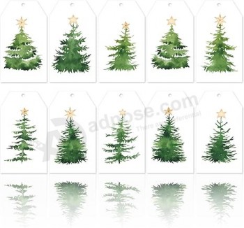 AnyDesign120Pcsクリスマスペーパーギフトタグ、ヘンプロープ水彩画クリスマスツリータグ穴あけ済みホリデープラント好意タグ
