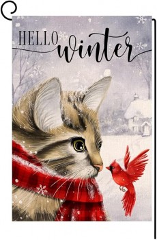 冬の猫の庭の旗12x18垂直両面枢機卿の鳥雪のクリスマスホリデーの外の装飾黄麻布の庭の旗