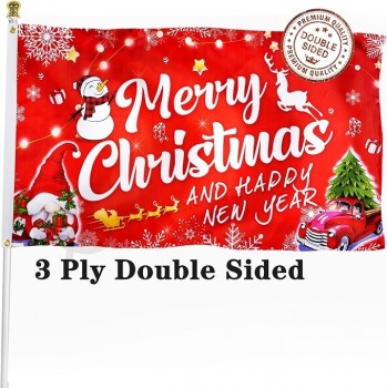 Bandiera di Natale a doppia faccia 3x5 FT all'aperto, grande striscione di buon Natale e felice anno nuovo con albero di Natale del pupazzo di neve del camion gnomo rosso