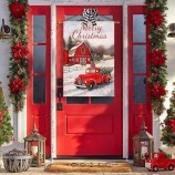 Drapeaux de Noël 28 x 40 double face, camion rouge ferme d’hiver rustique Noël pick-up maison drapeau, joyeux Noël grande cour drapeaux